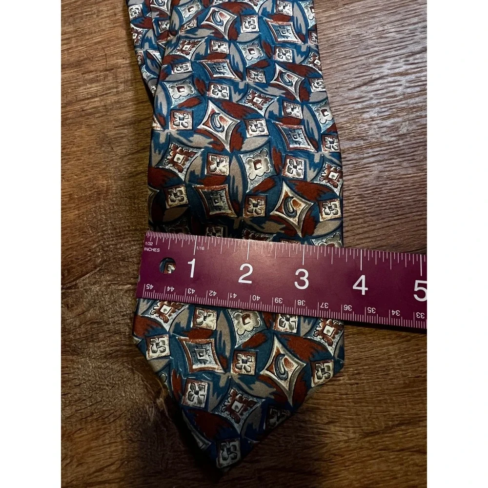 Saddlebred Geometric Abstract Necktie‎ Mens Blue Rust Tan EUC Classic Silk Blend